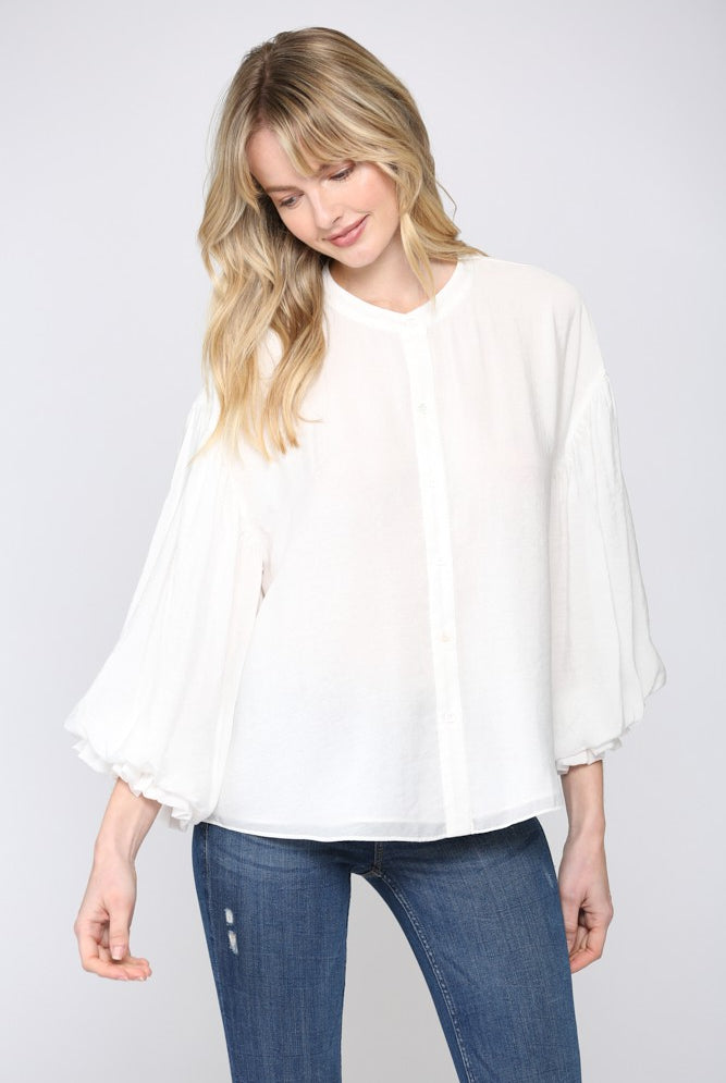 Drapey Balloon Sleeve Button Front Blouse