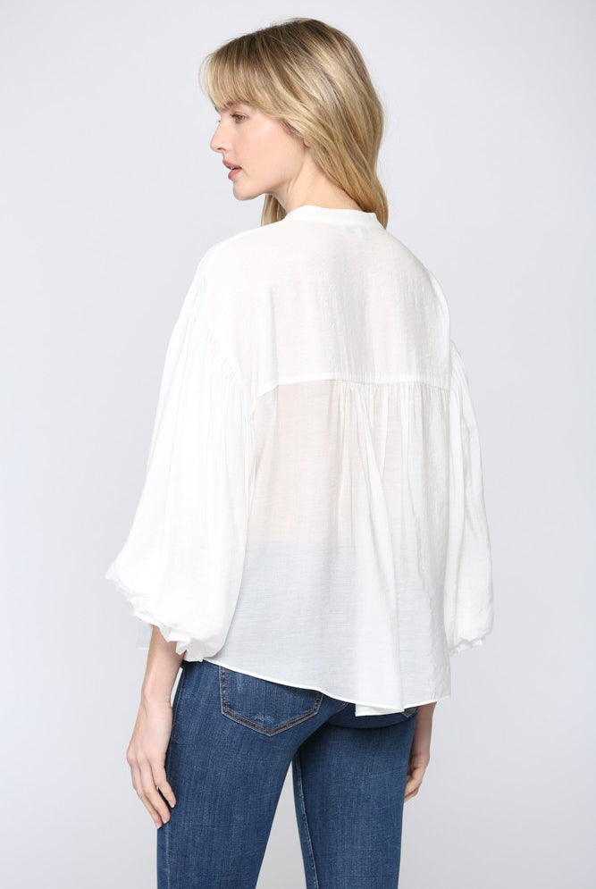 Drapey Balloon Sleeve Button Front Blouse