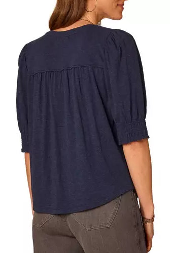 Mandarin Collar Top with Elbow Blouson Sleeve