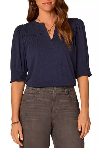 Mandarin Collar Top with Elbow Blouson Sleeve
