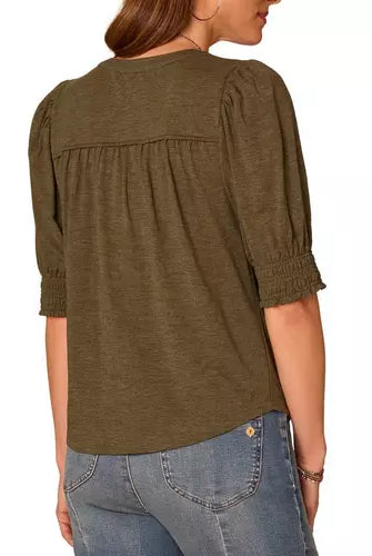 Mandarin Collar Top with Elbow Blouson Sleeve