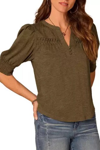 Mandarin Collar Top with Elbow Blouson Sleeve