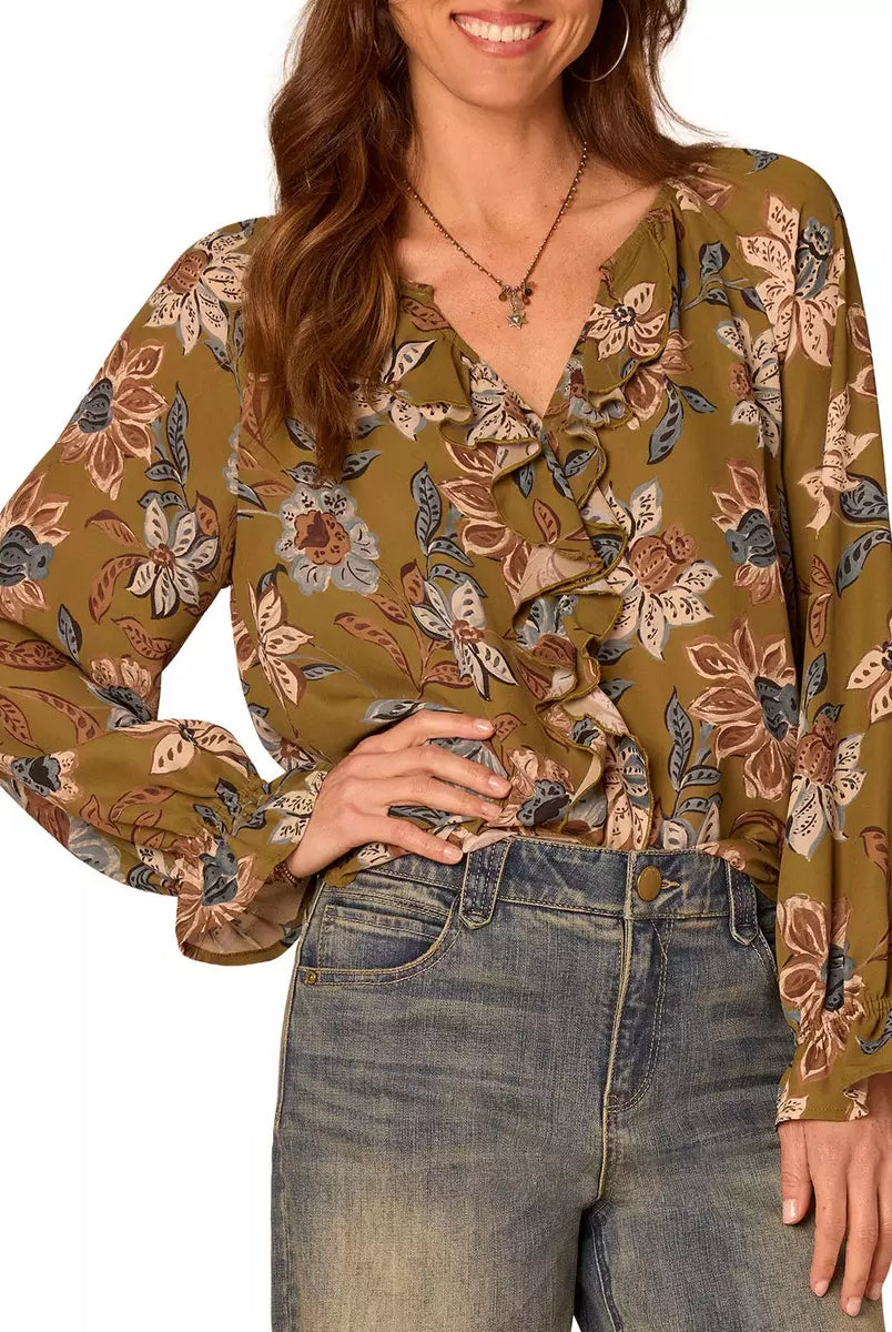 Floral Long Sleeve Top with Flounce Sleeve and Ruffled Front