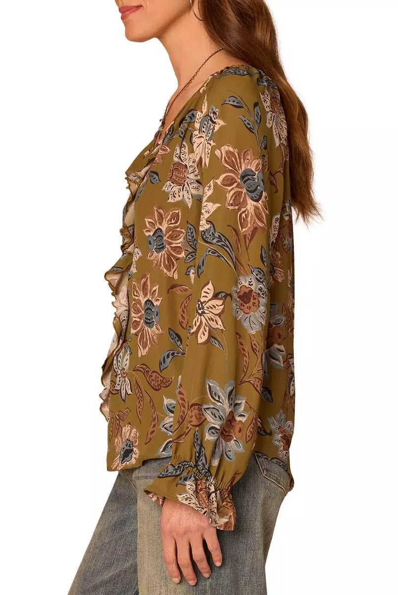 Floral Long Sleeve Top with Flounce Sleeve and Ruffled Front