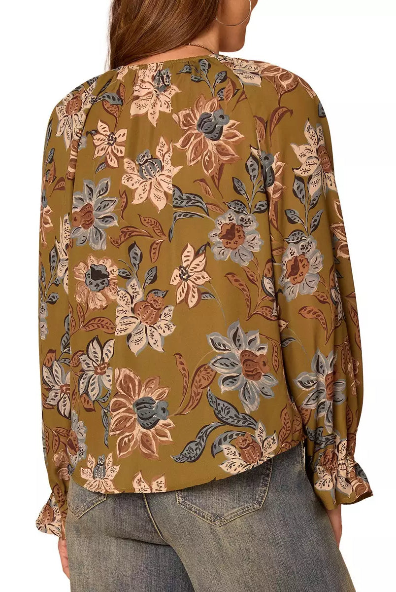 Floral Long Sleeve Top with Flounce Sleeve and Ruffled Front