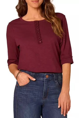 Elbow Roll Cuffed Crochet Detail Henley Top