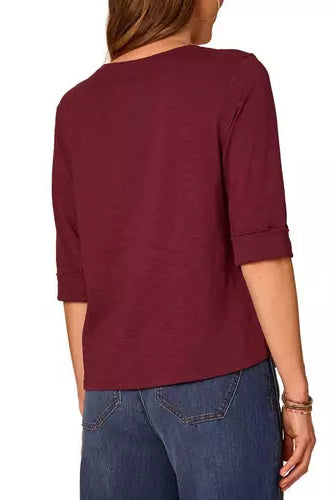 Elbow Roll Cuffed Crochet Detail Henley Top