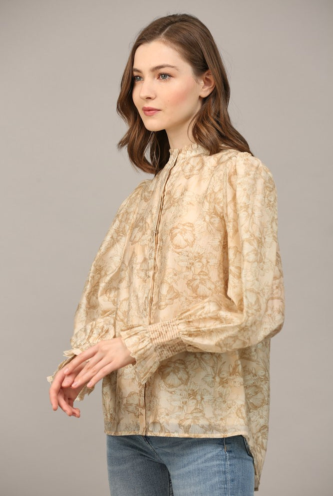 Floral Tencel Blend Fabric Ruffle Neck Blouse