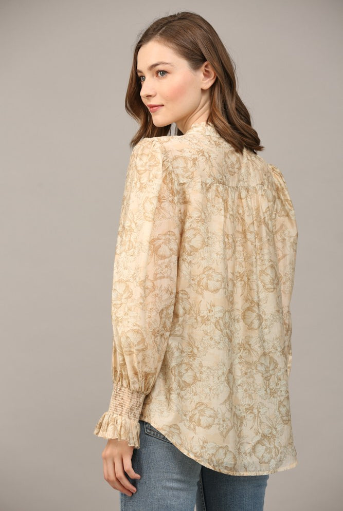 Floral Tencel Blend Fabric Ruffle Neck Blouse