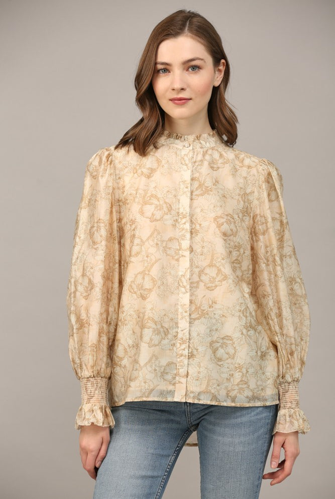 Floral Tencel Blend Fabric Ruffle Neck Blouse