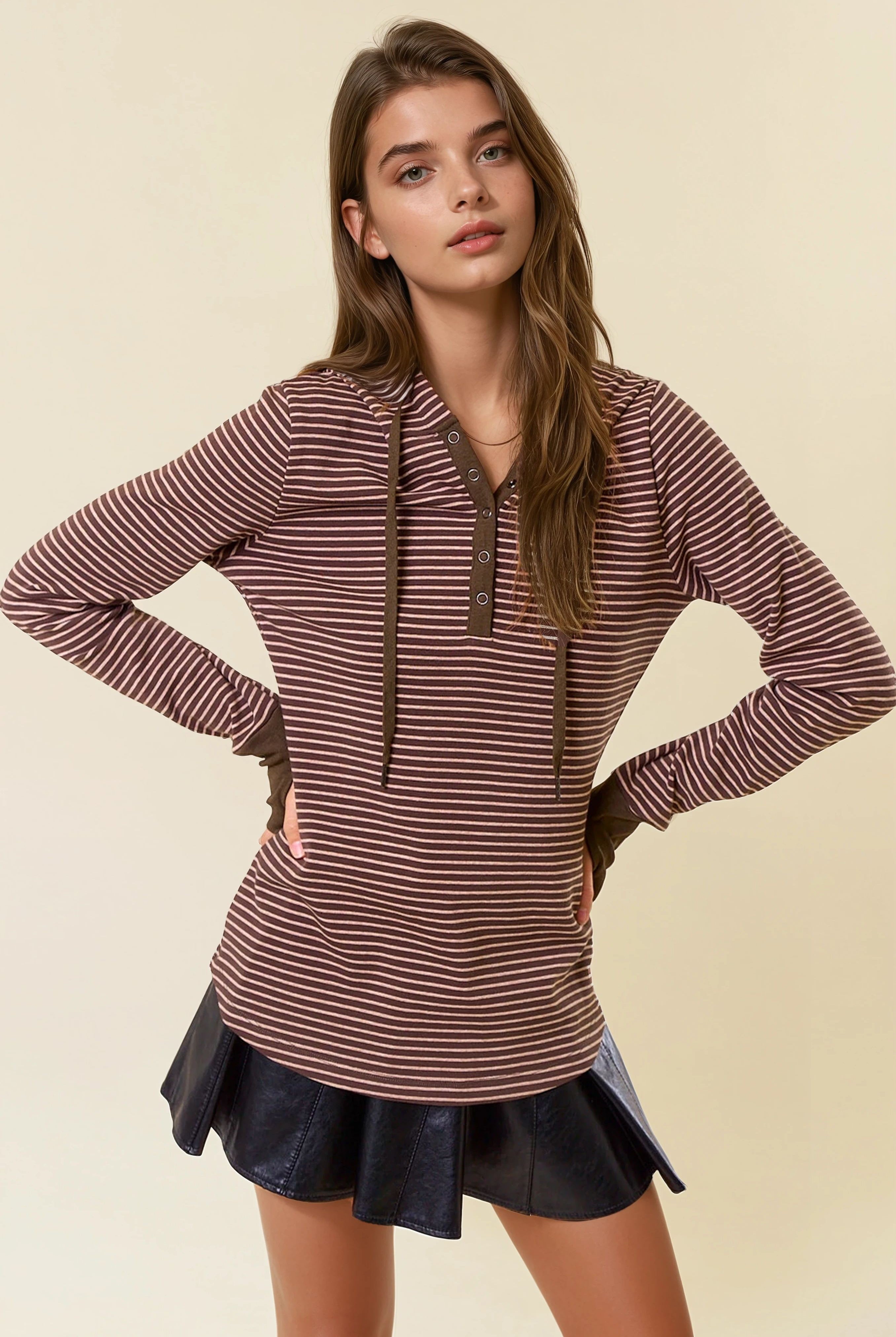Striped Henley Top with Hood