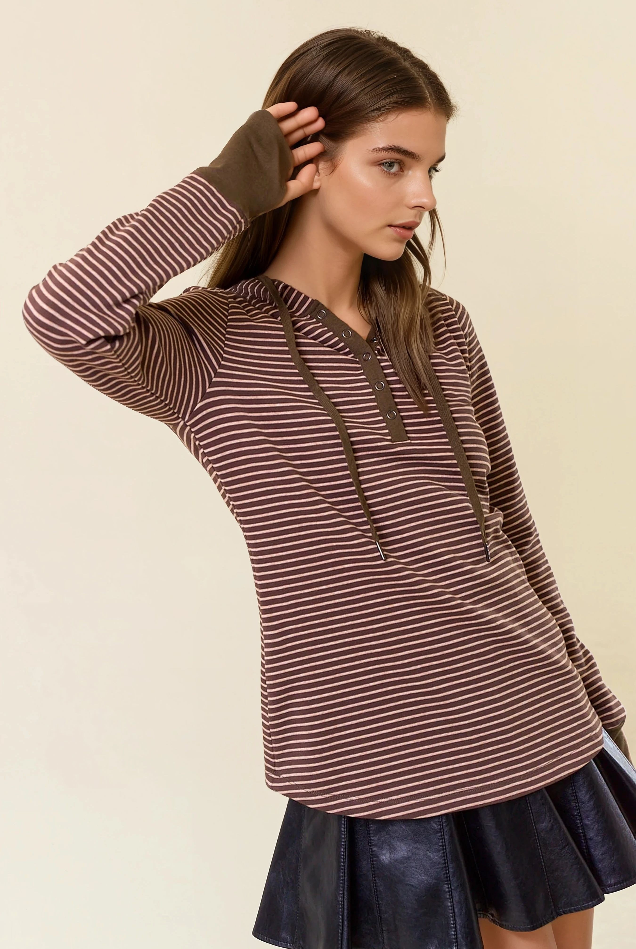 Striped Henley Top with Hood