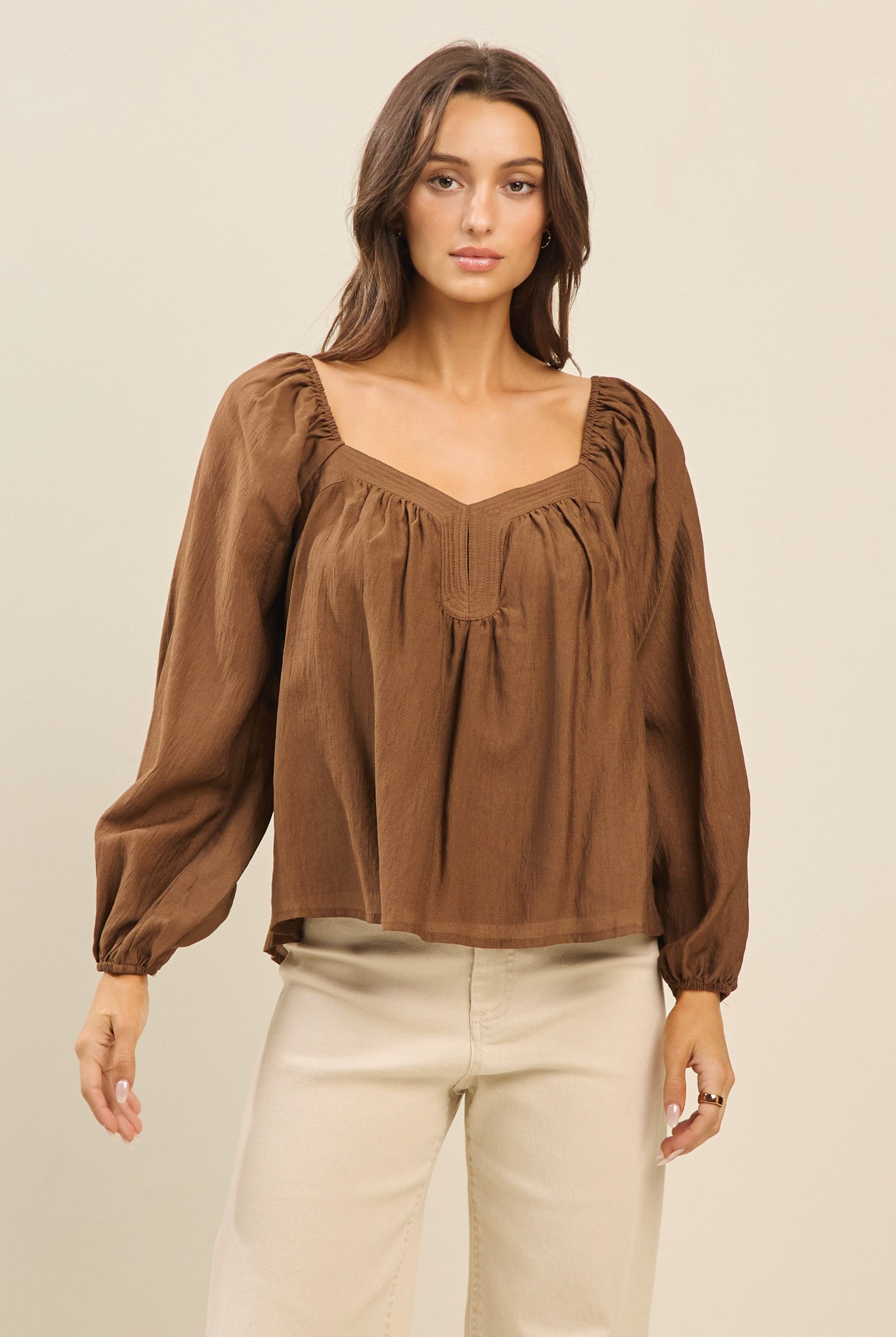 Sweetheart Neckline Long Sleeve Blouse