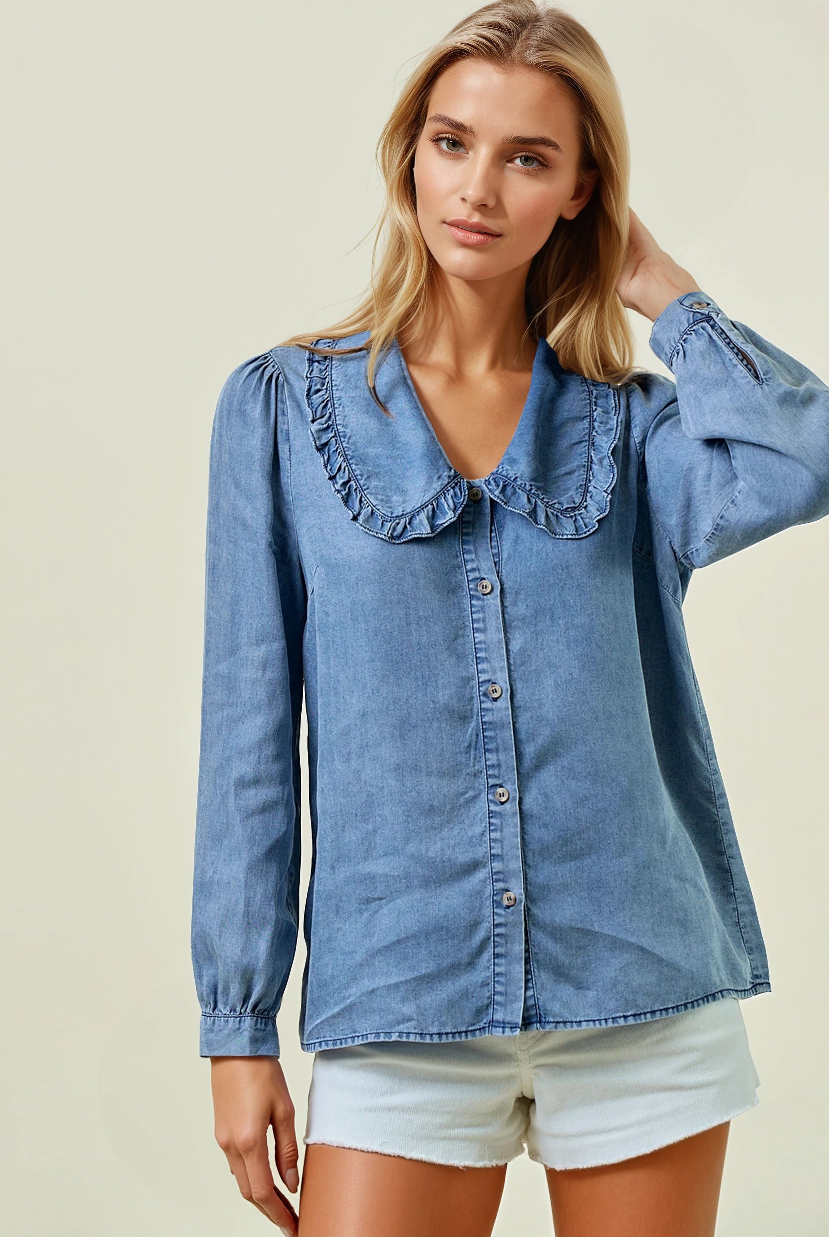 Long Sleeve Button Front Blouse with Collar