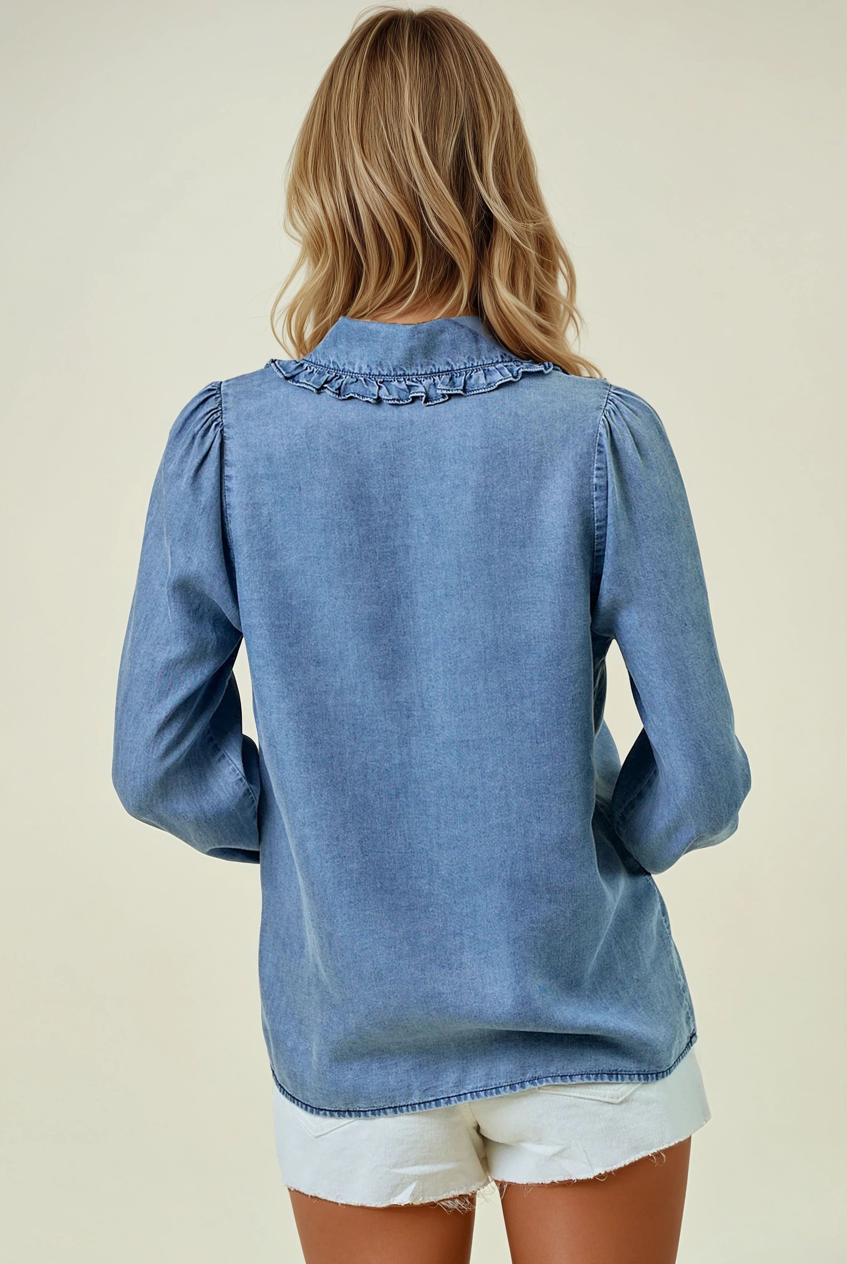 Long Sleeve Button Front Blouse with Collar