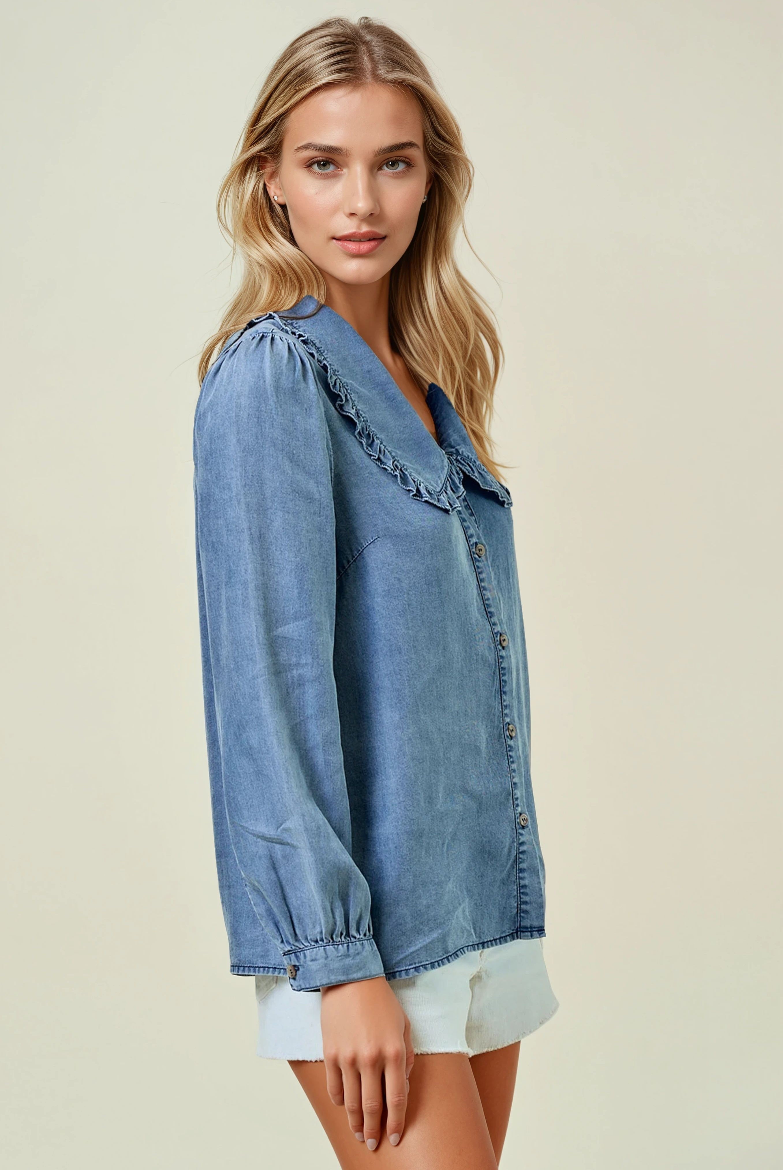 Long Sleeve Button Front Blouse with Collar