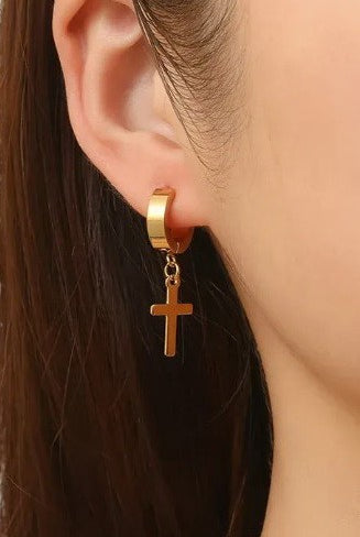 Cross Drop Hoop Huggie Earrings