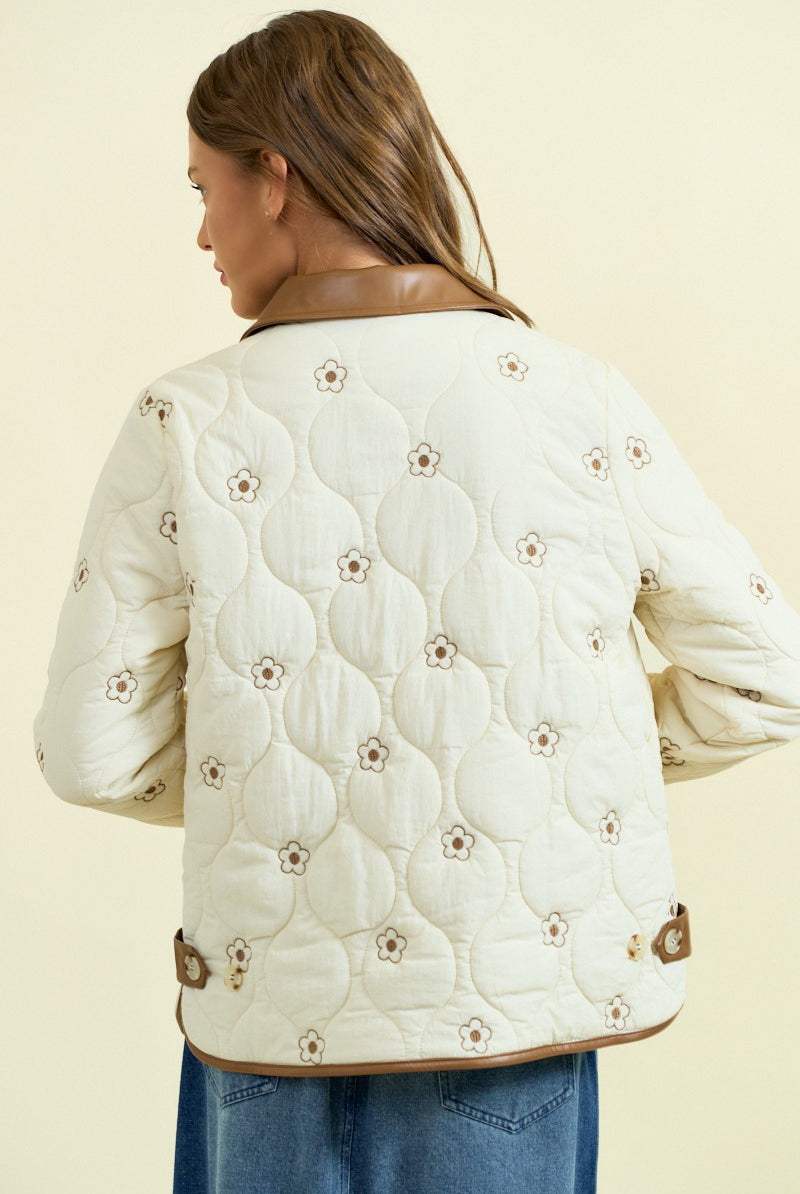 Floral Embroidered Quilt Jacket with Leather Collar