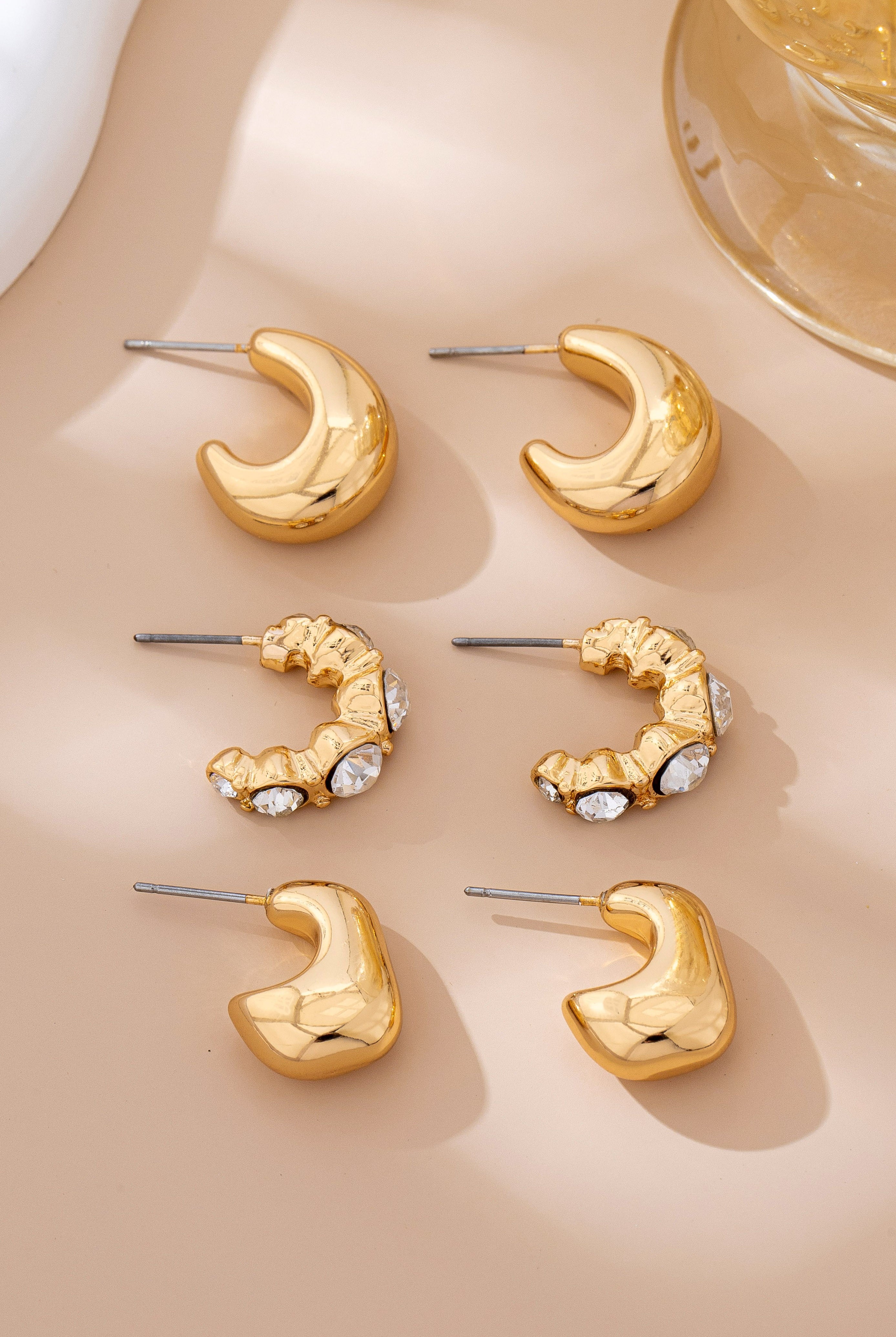 Rhinestone Geo Puffy Hoop Trio