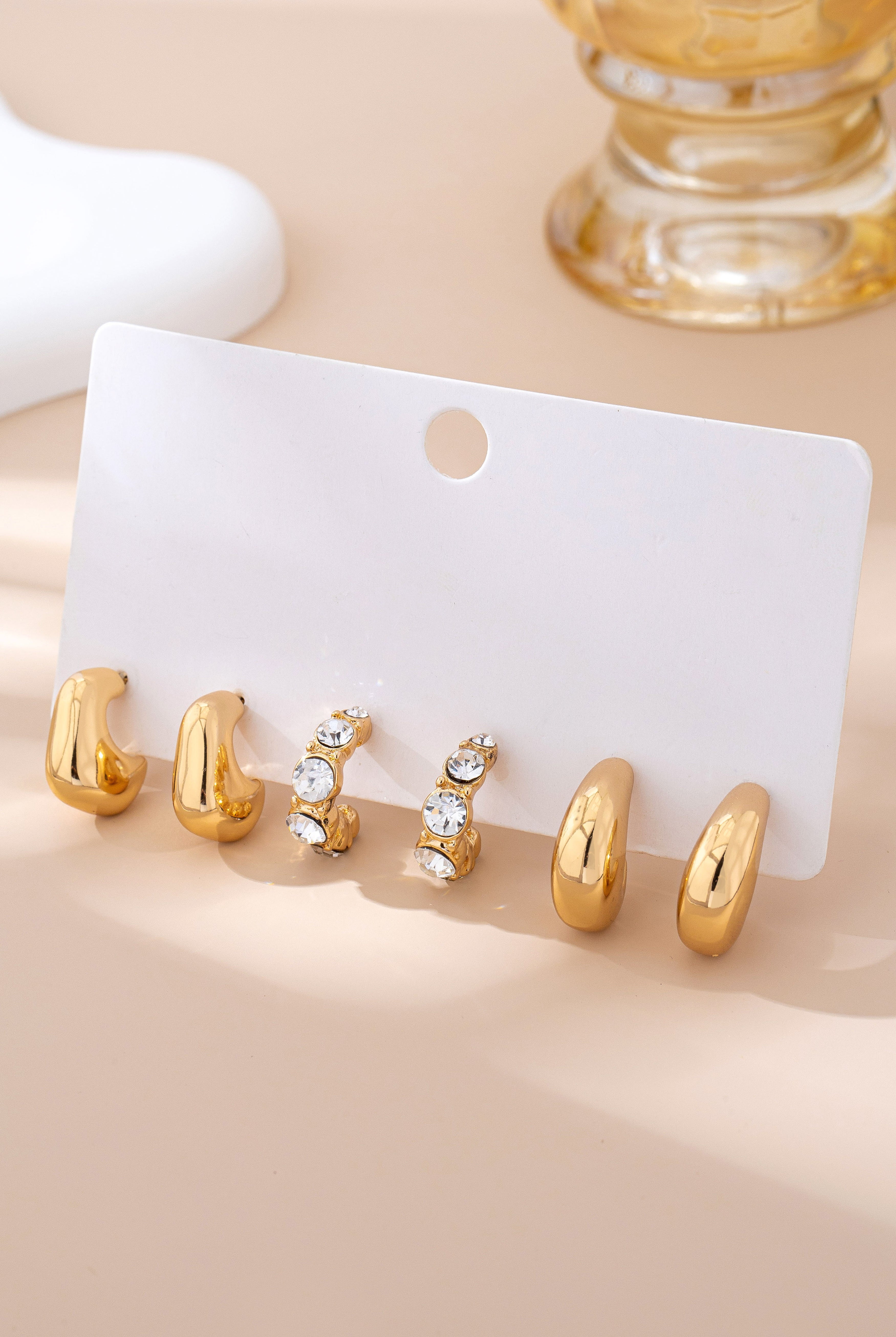 Rhinestone Geo Puffy Hoop Trio