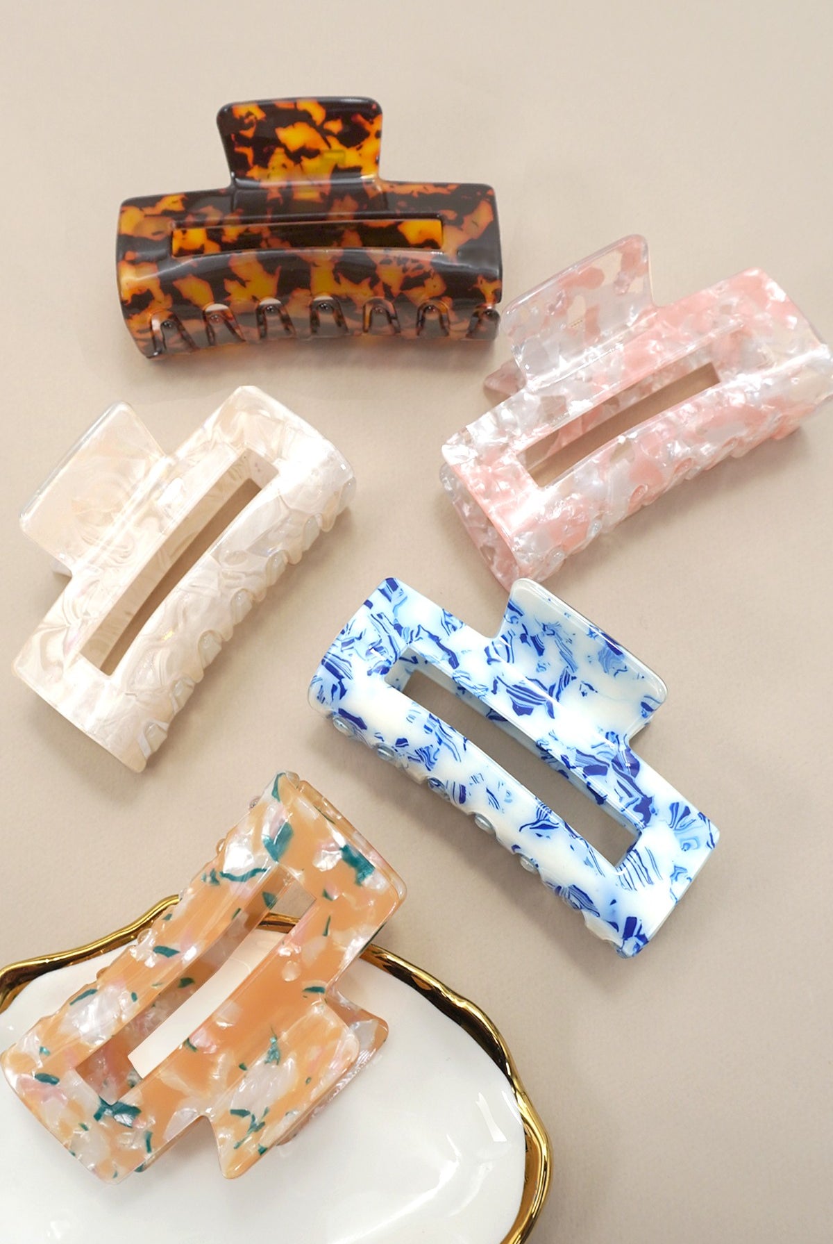Marbled Acetate Rectangle Hair Claw Clips
