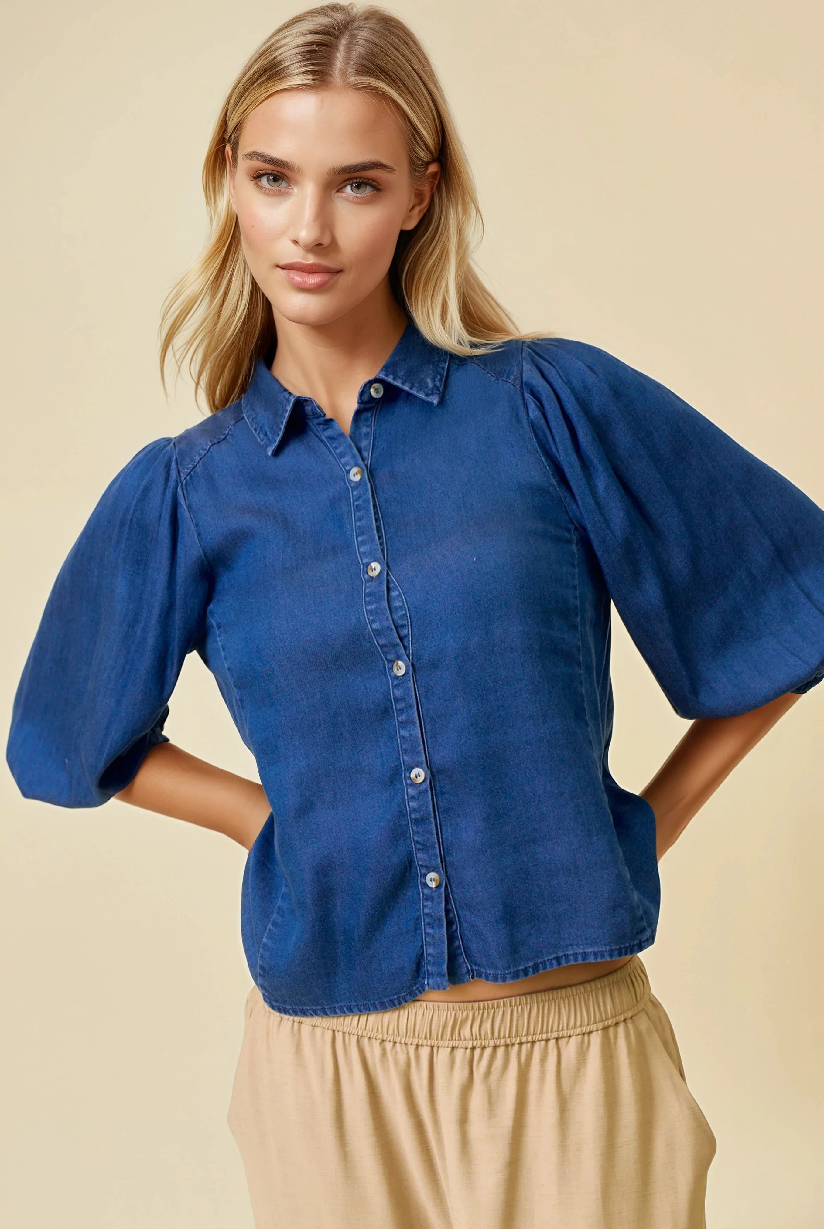 Pleated Puff Sleeve Denim Top