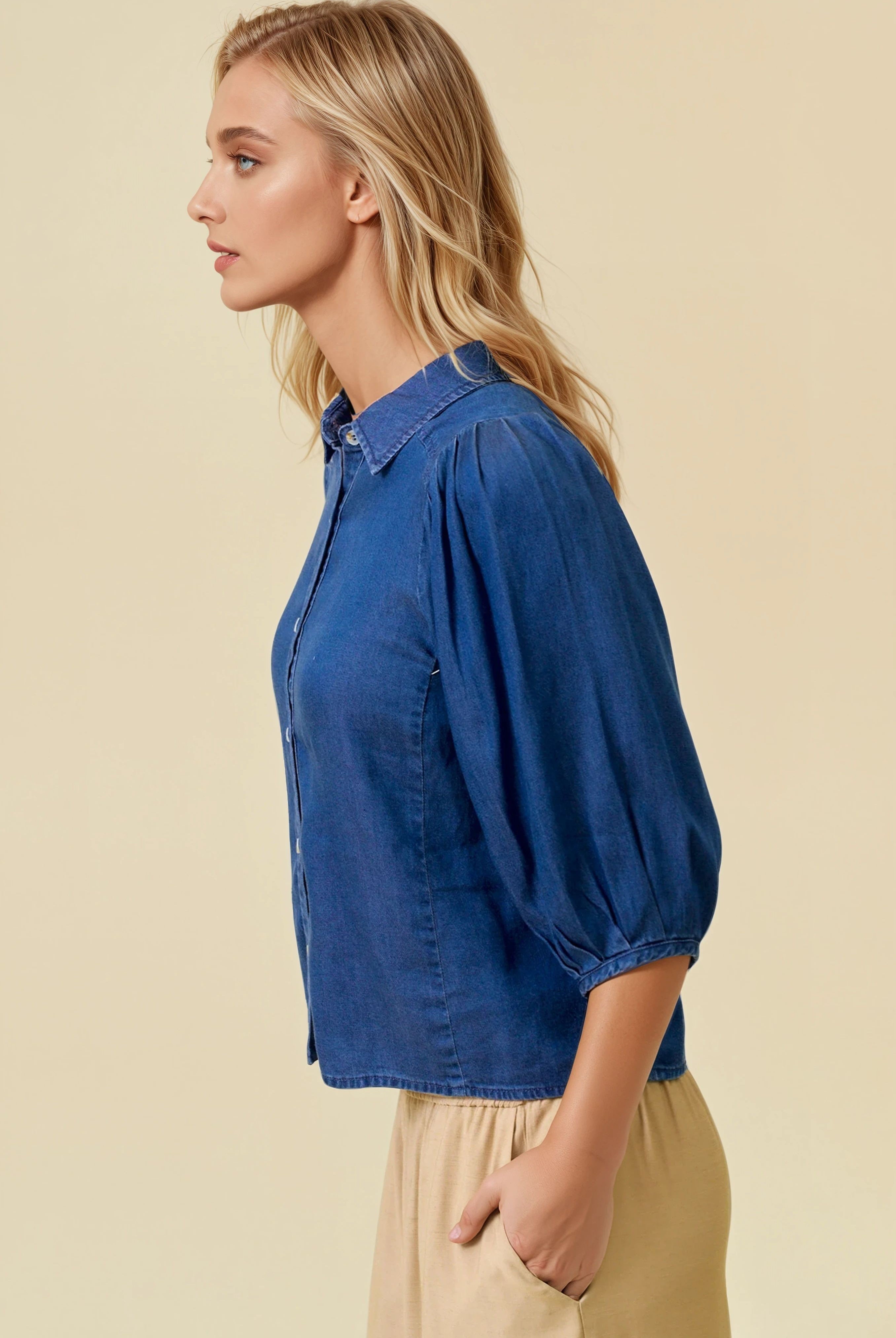 Pleated Puff Sleeve Denim Top