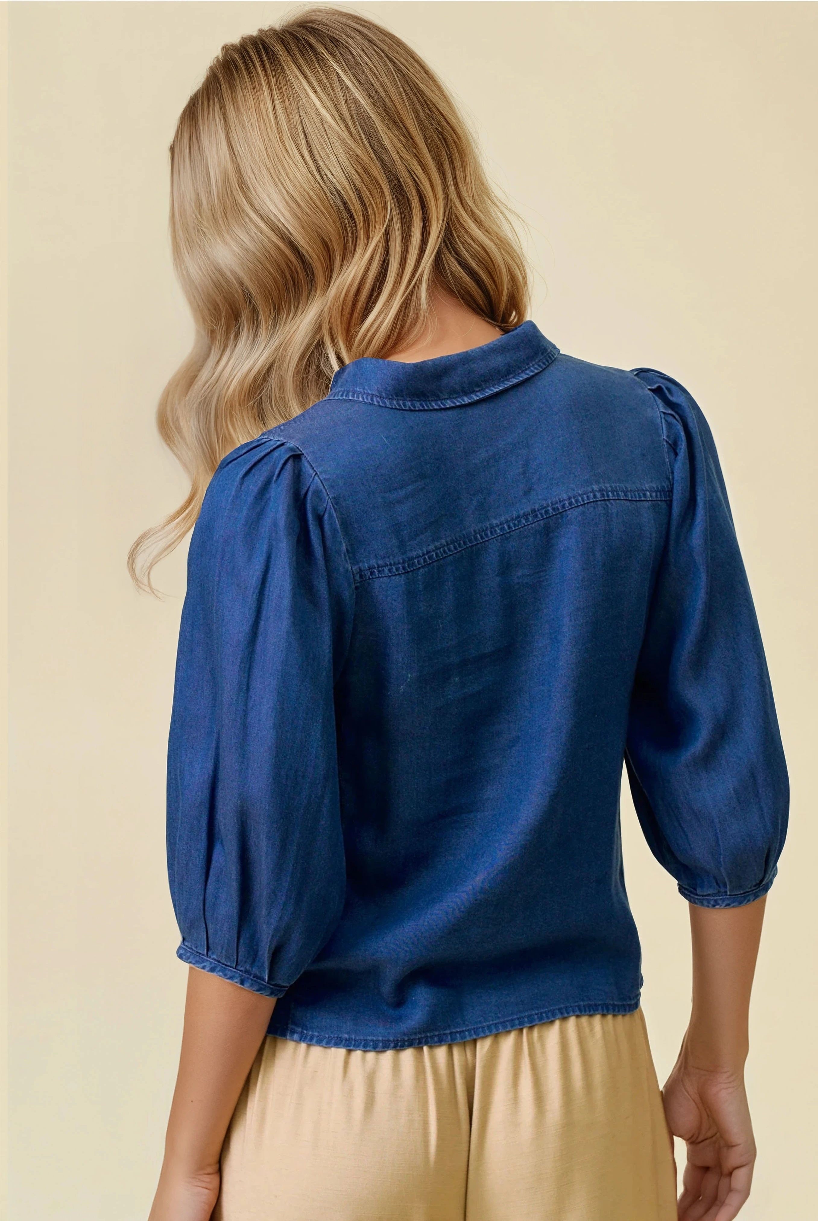 Pleated Puff Sleeve Denim Top