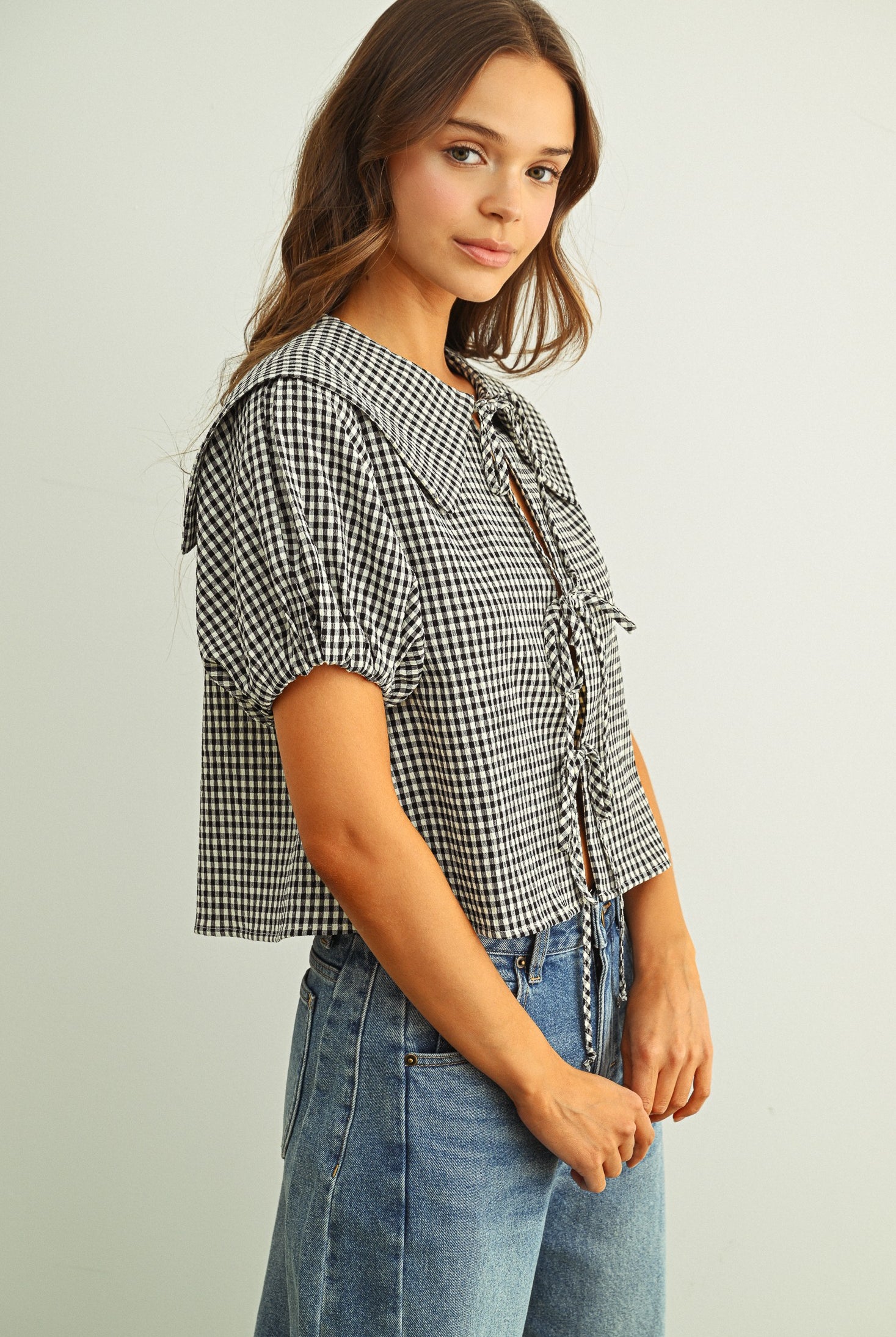 Gingham Tie Front Short Sleeve Top with Oversized Collar