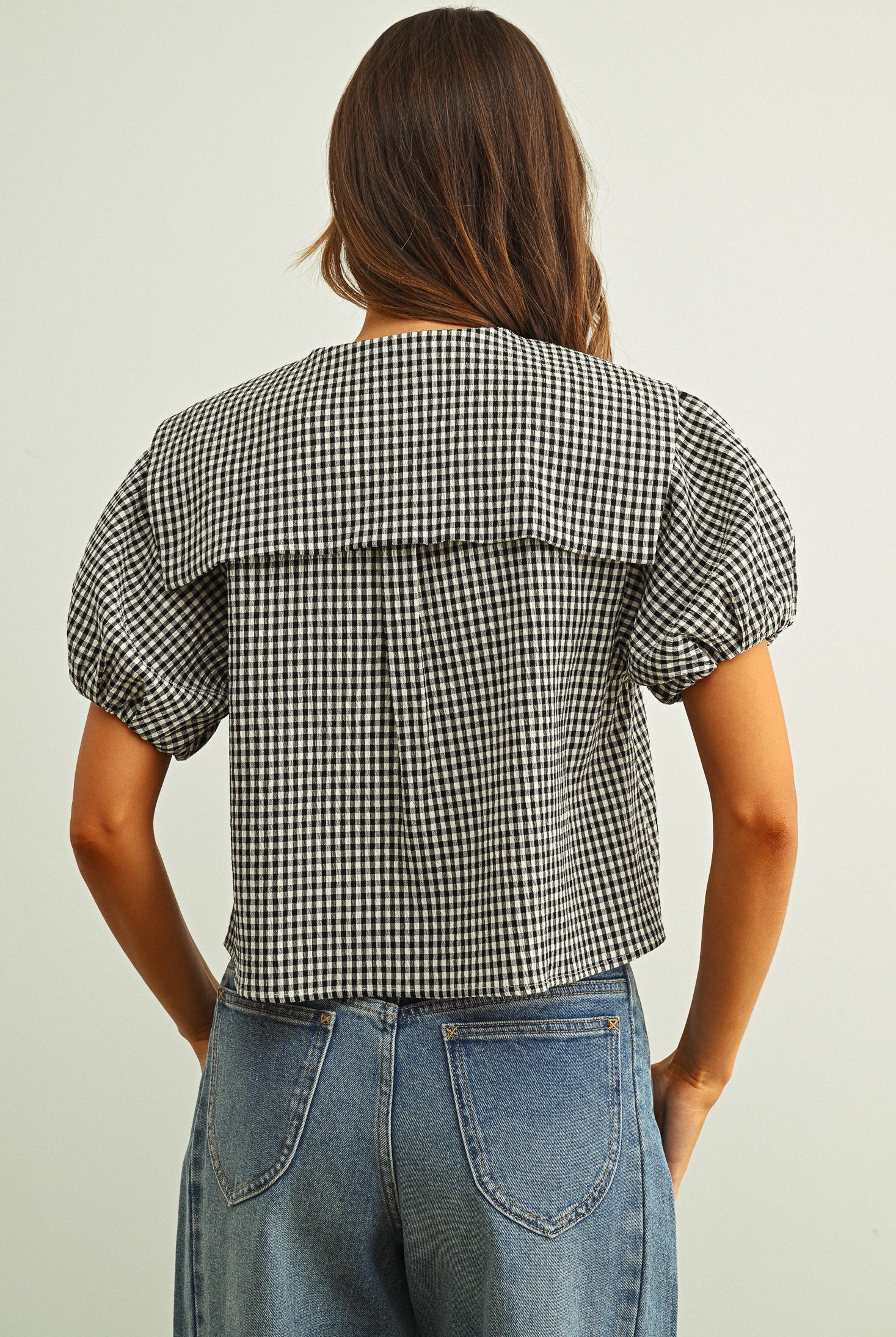 Gingham Tie Front Short Sleeve Top with Oversized Collar