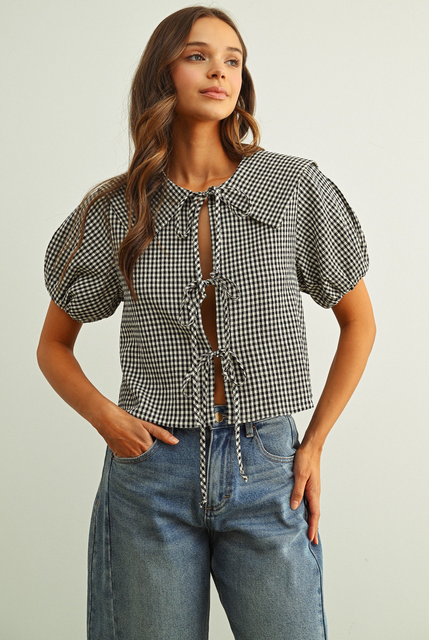 Gingham Tie Front Short Sleeve Top with Oversized Collar