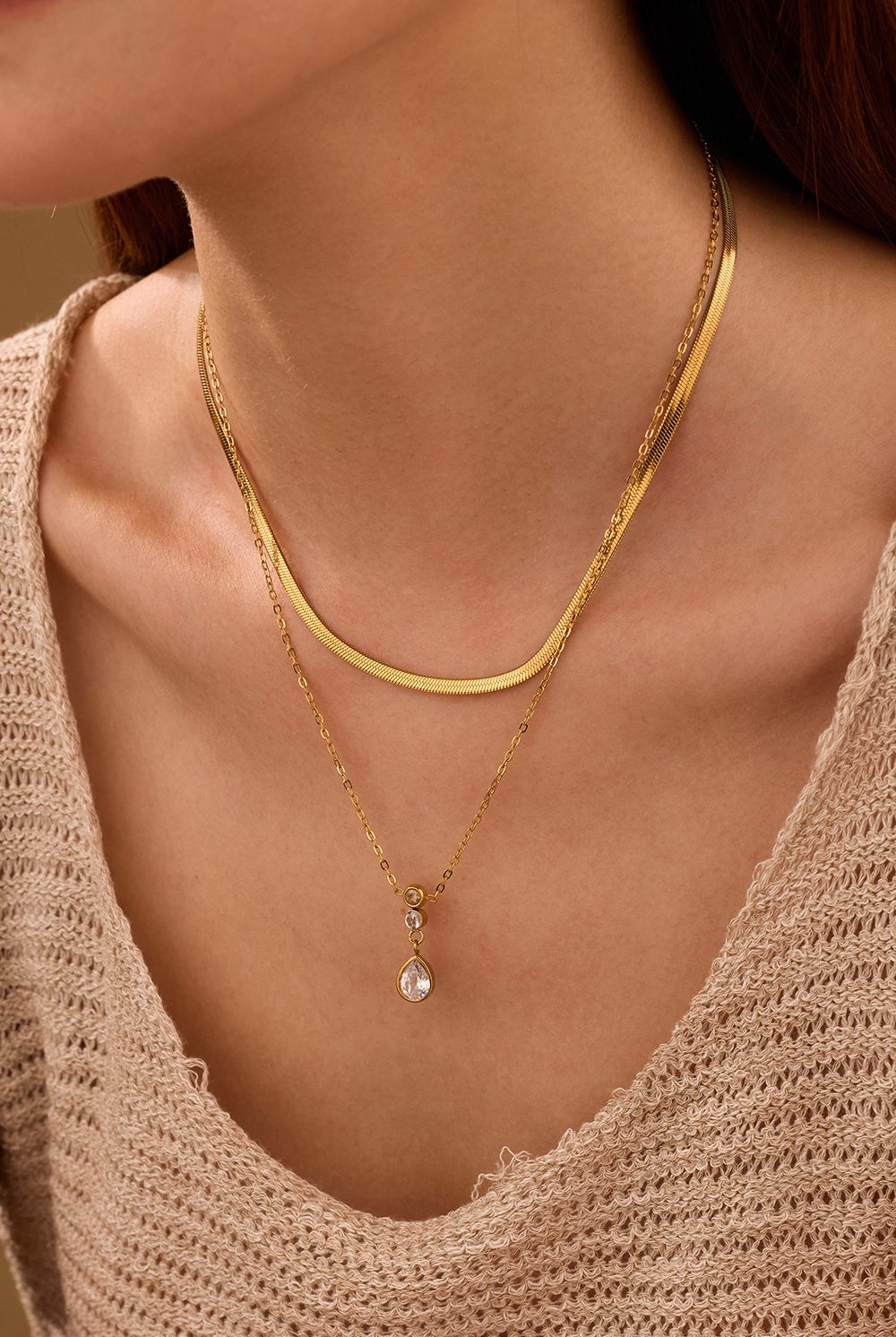 18k Stainless Steel Tarnish Free Layered Necklace with Rhinestone Drop