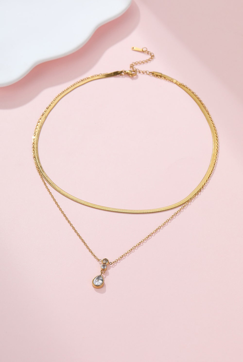18k Stainless Steel Tarnish Free Layered Necklace with Rhinestone Drop