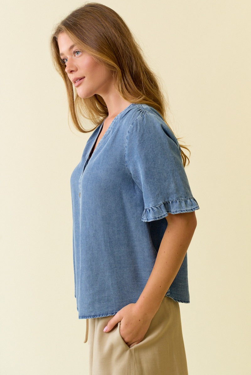 V Neck Button Front Denim Top with Ruffle on Short Sleeve