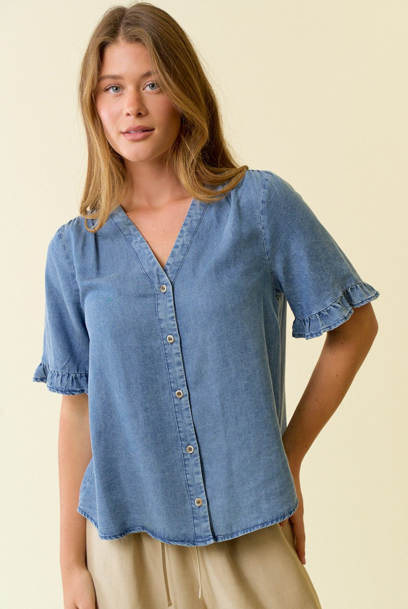 V Neck Button Front Denim Top with Ruffle on Short Sleeve