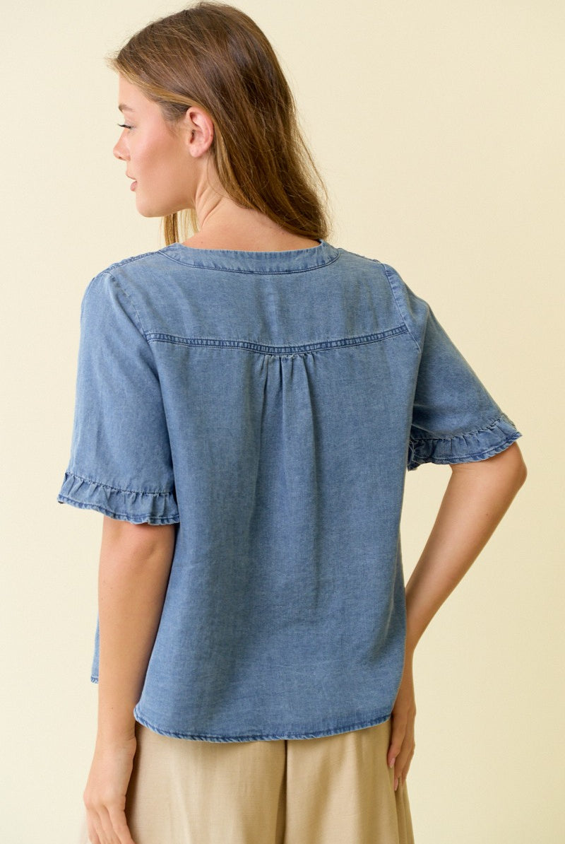 V Neck Button Front Denim Top with Ruffle on Short Sleeve