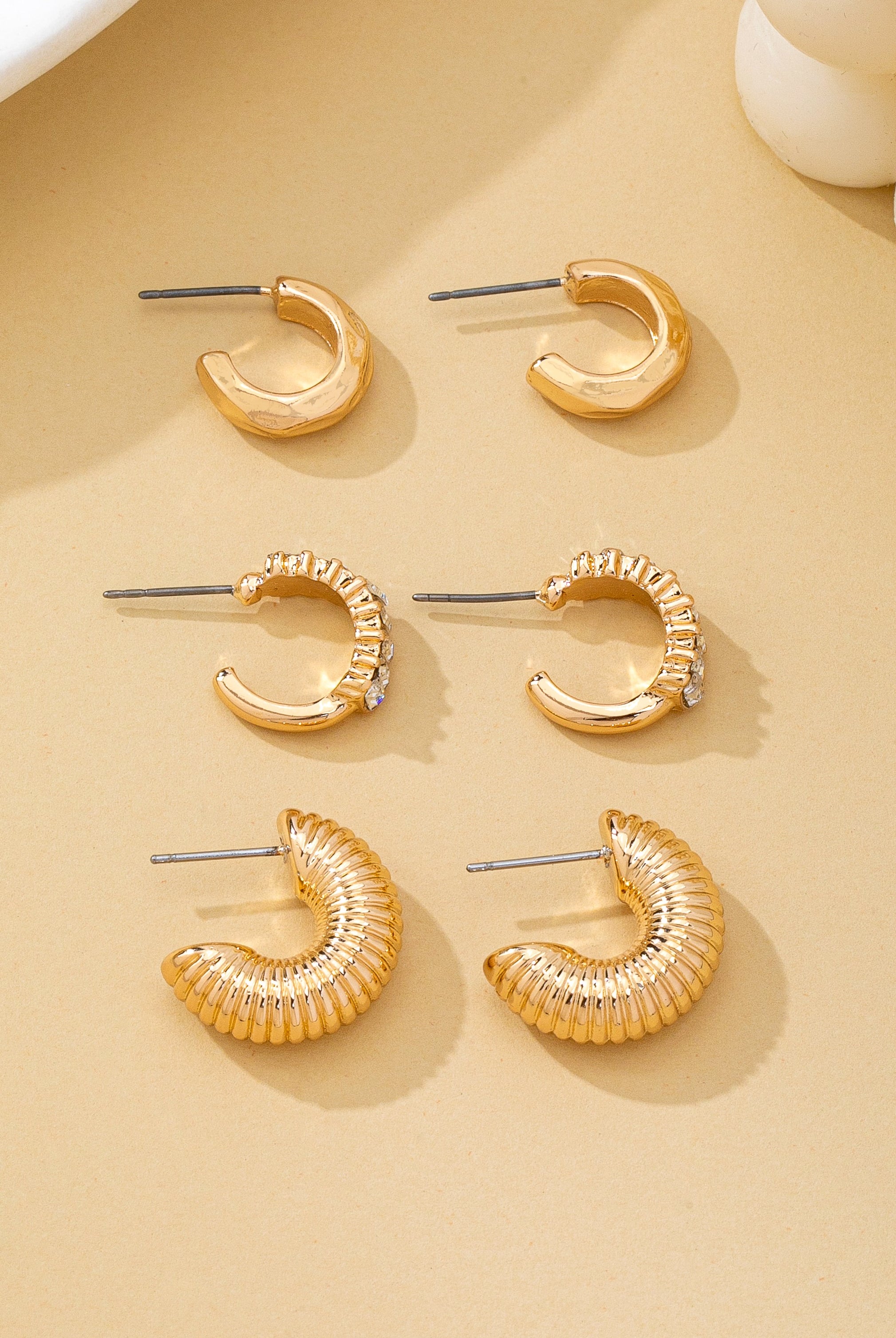 Rhinestone Textured Hoop Earring Set