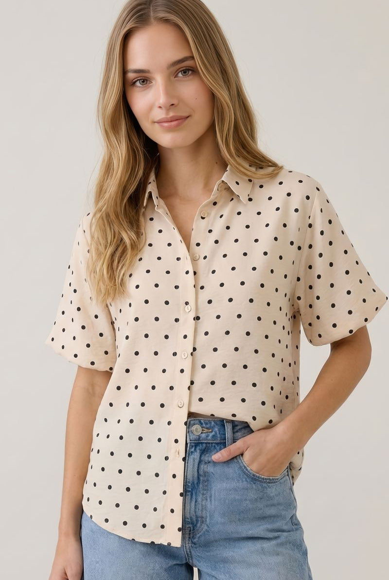 Polka Dot Blouse with Bubble Short Sleeves