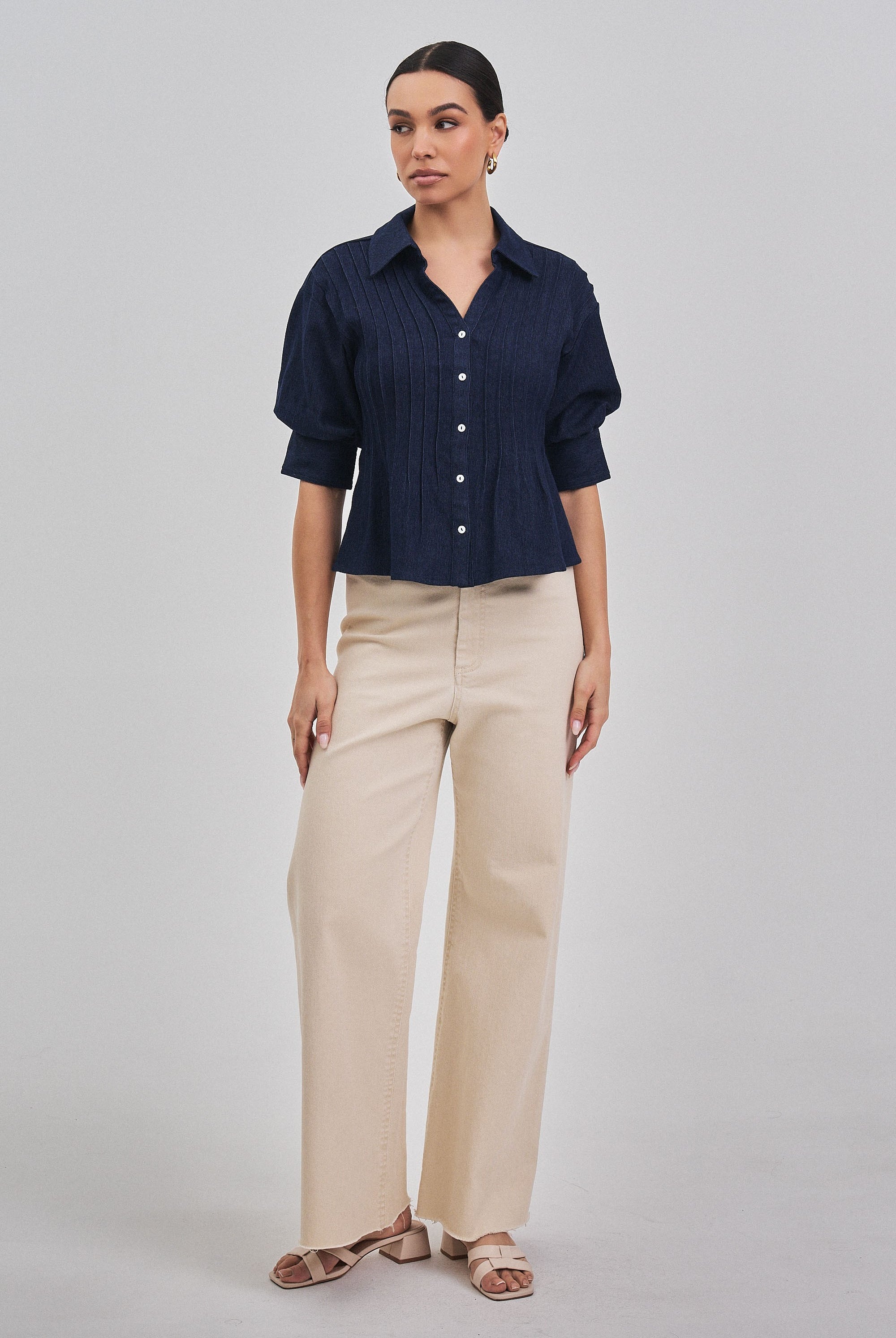 Denim Short Sleeve Pintuck Top