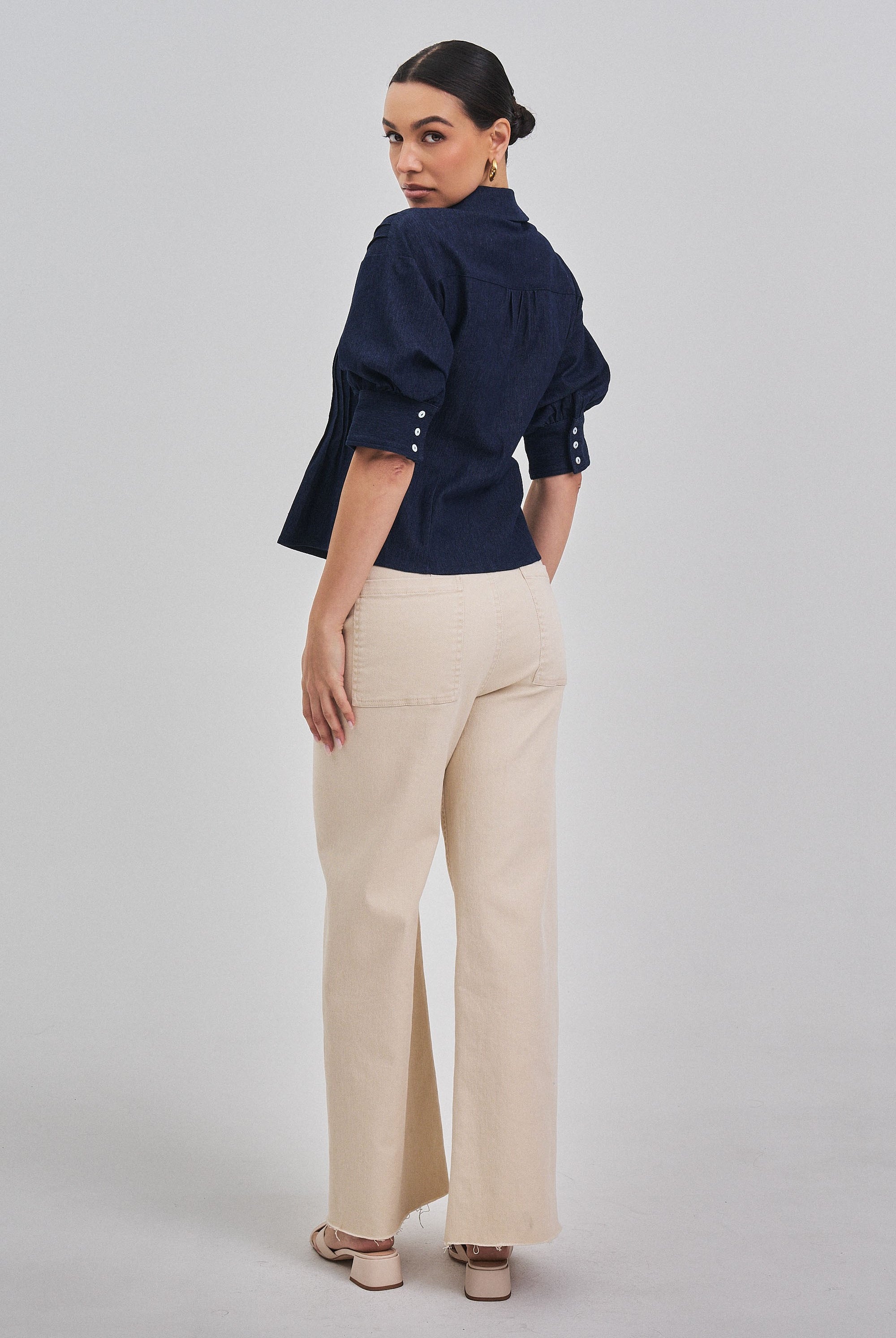 Denim Short Sleeve Pintuck Top