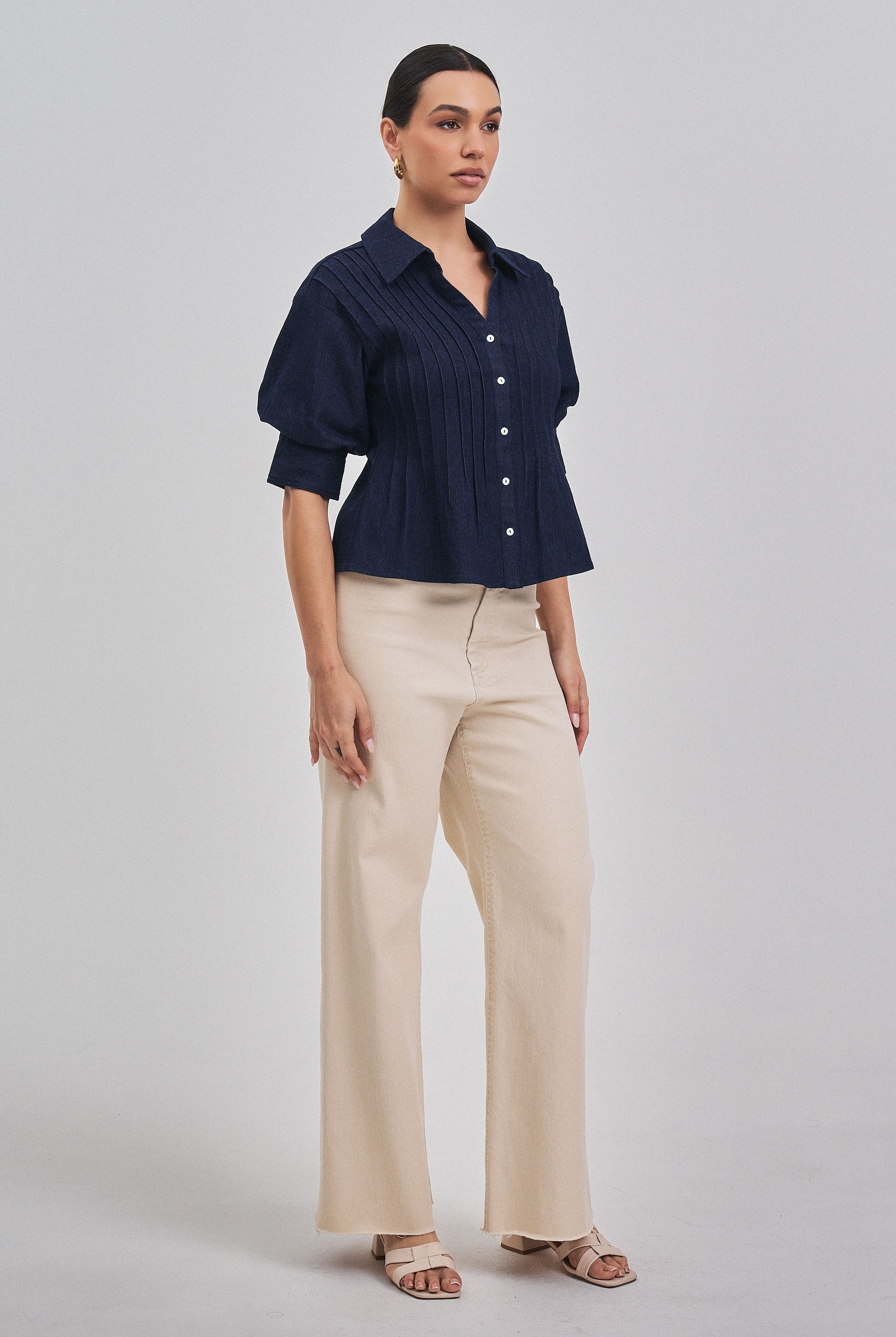 Denim Short Sleeve Pintuck Top