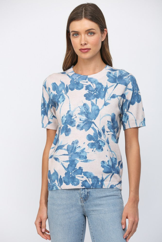 Cotton Floral Print Crew Neckline Short Sleeve Sweater