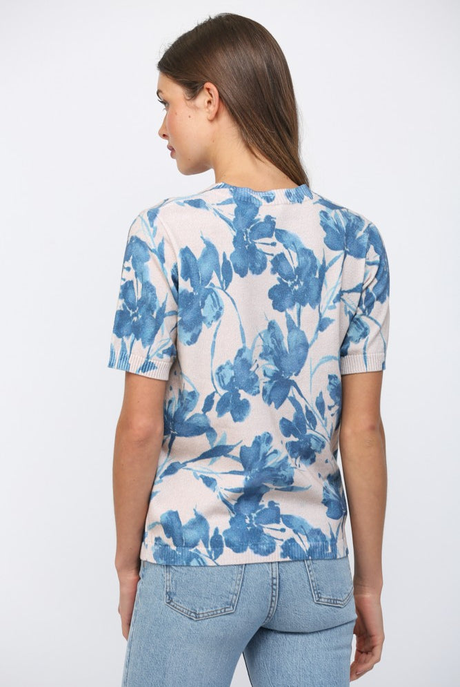 Cotton Floral Print Crew Neckline Short Sleeve Sweater