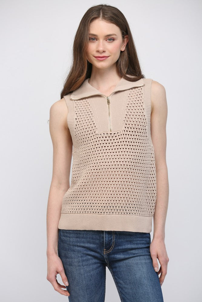 Cotton Half Zip Open Knit Sweater