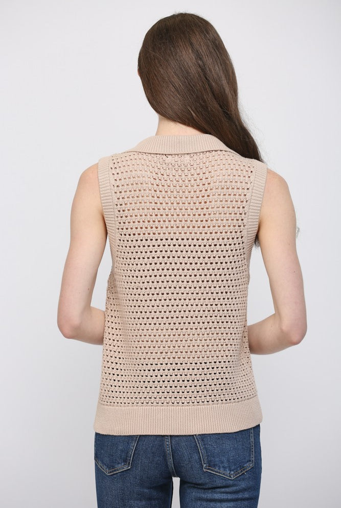 Cotton Half Zip Open Knit Sweater