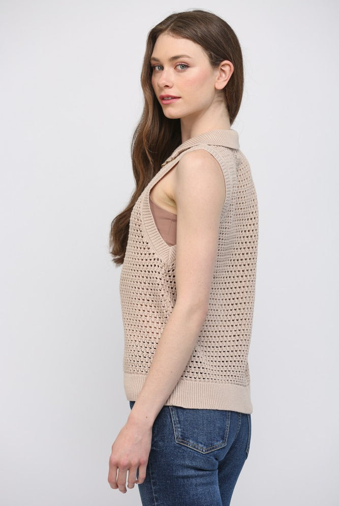 Cotton Half Zip Open Knit Sweater