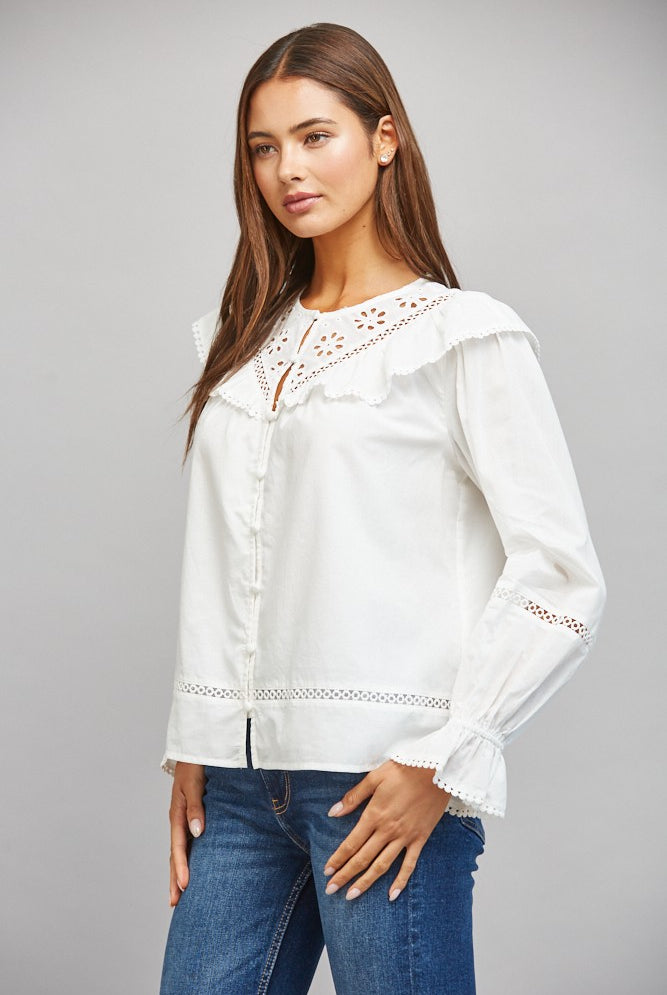 Cotton Eyelet Lace Detail Ruffled Bib Collar Blouse