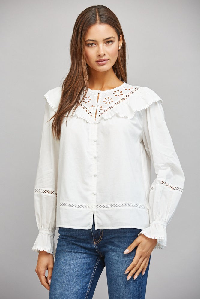 Cotton Eyelet Lace Detail Ruffled Bib Collar Blouse
