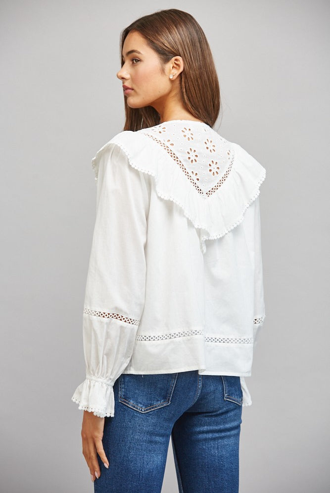 Cotton Eyelet Lace Detail Ruffled Bib Collar Blouse