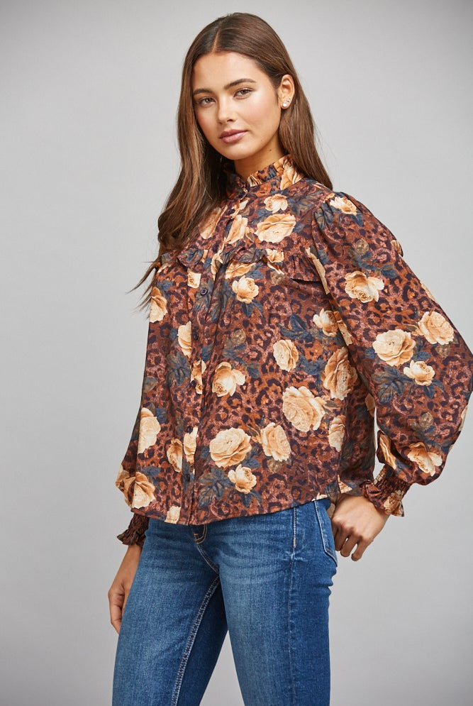 Bold Print High Ruffled Collar Blouse